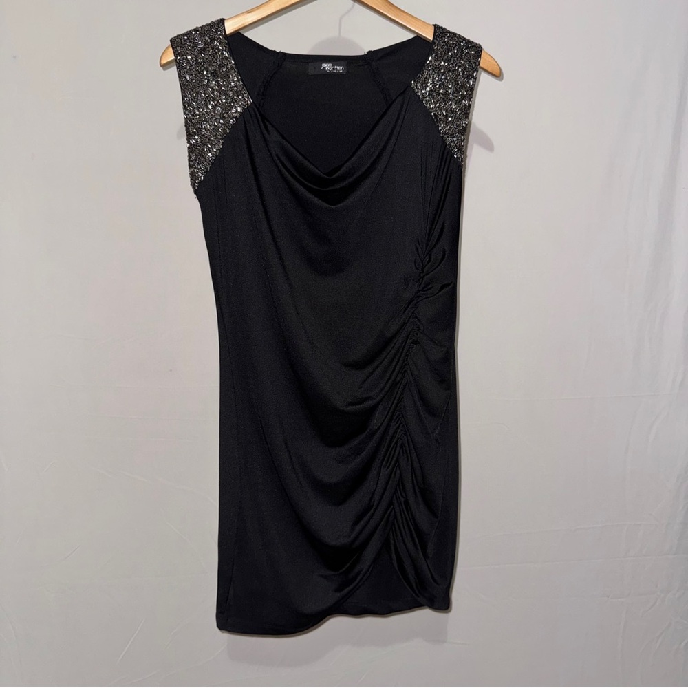 Jane Norman Black Mini Dress with Silver Sequin Shoulders Ruched Size 10‎